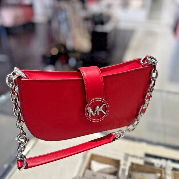 MICHAEL KORS CARMEN SMALL POUCHETTE SHOULDER CHAIN BAG BRIGHT RED - Picture 2 of 9